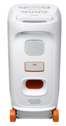 Biały głośnik przenośny z pomarańczowymi kołami i białym tłem.