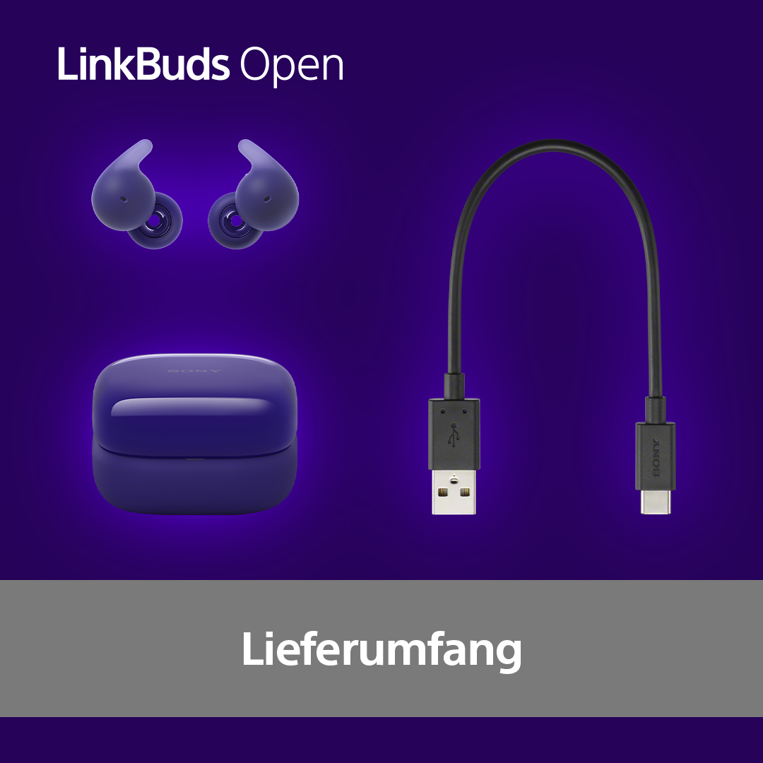 Ohrhörer, Ladecase und Ladekabel auf lila Hintergrund. Text: Lieferumfang.