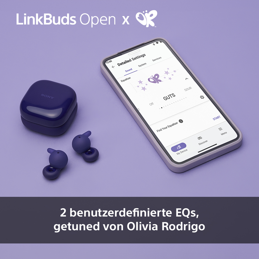 Ein Telefon zeigt eine Musik-App mit Ohrhörern und Etui daneben. Text: 2 benutzerdefinierte EQs, abgestimmt von Olivia Rodrigo.