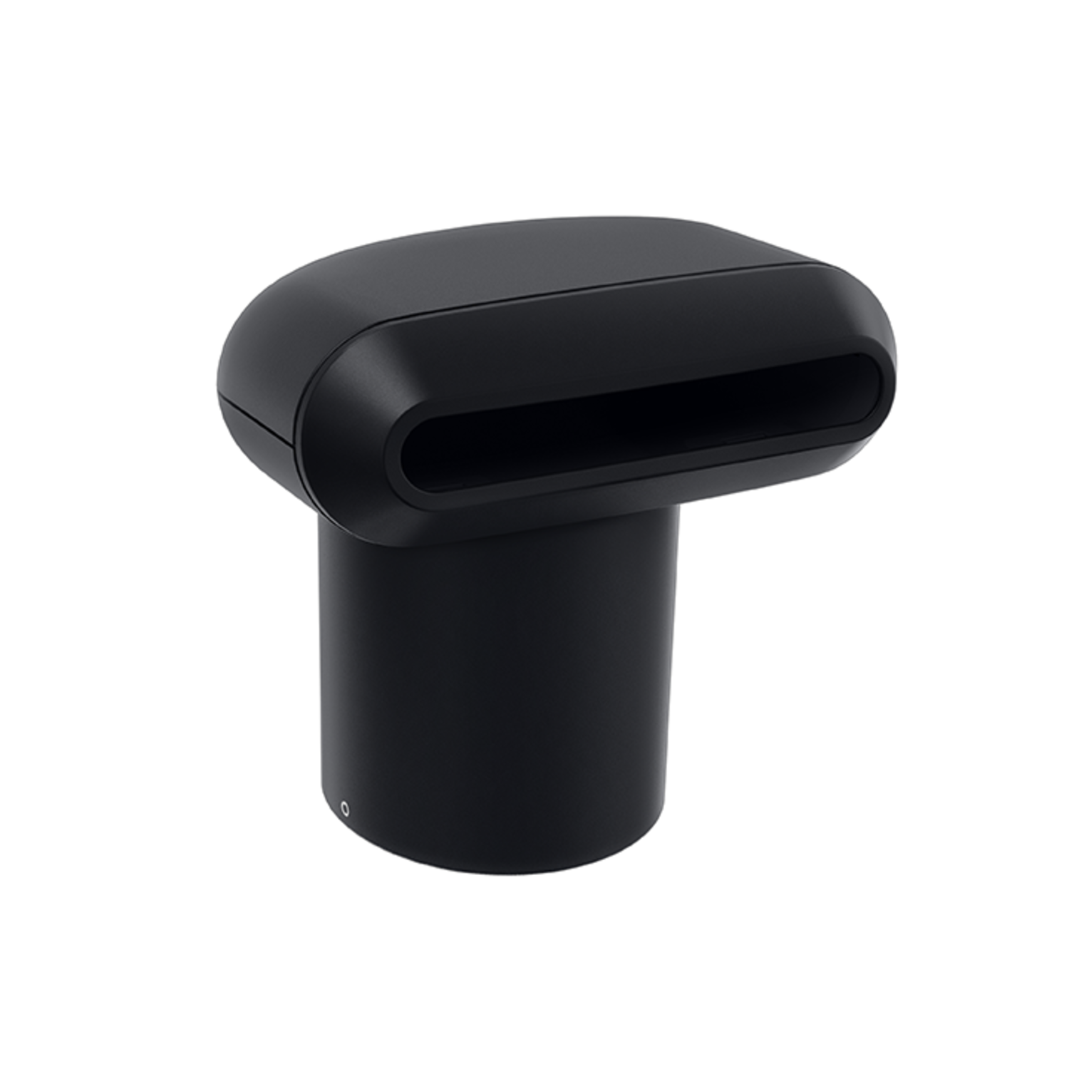 Black, cylindrical object with an oval opening at the top and a round base. White background.