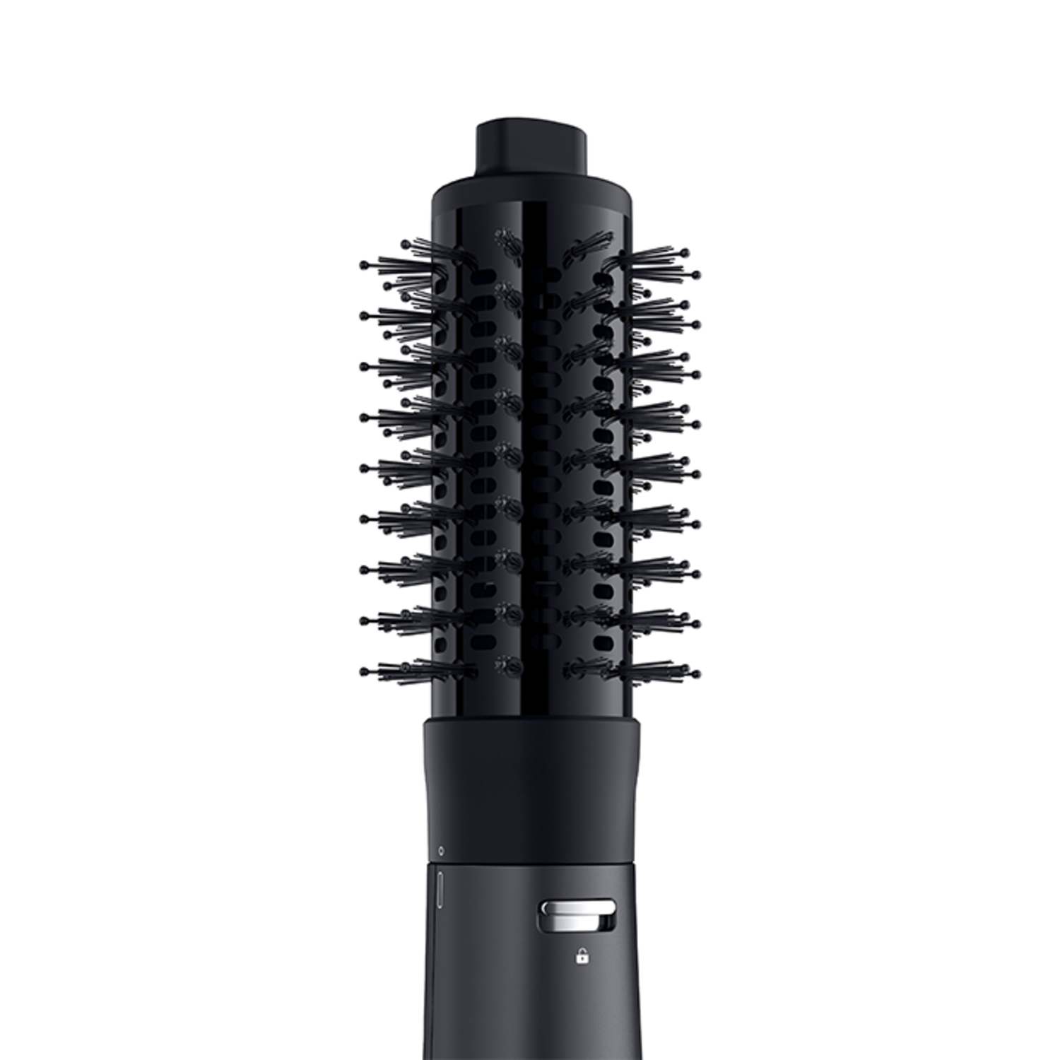 Black hair styling brush with bristles, on a white background. Close-up.