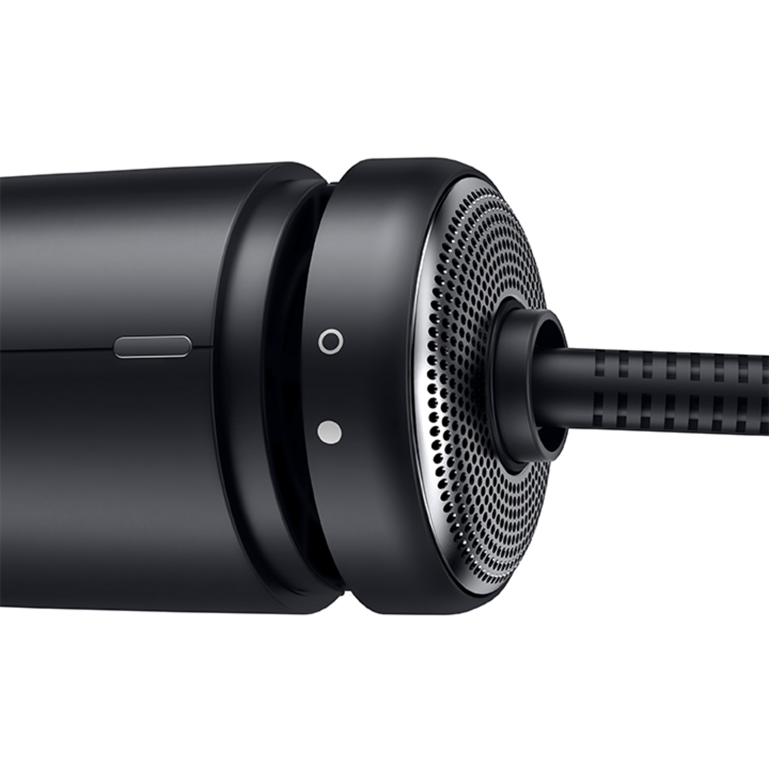 Black hair dryer with perforated head and cord attached.