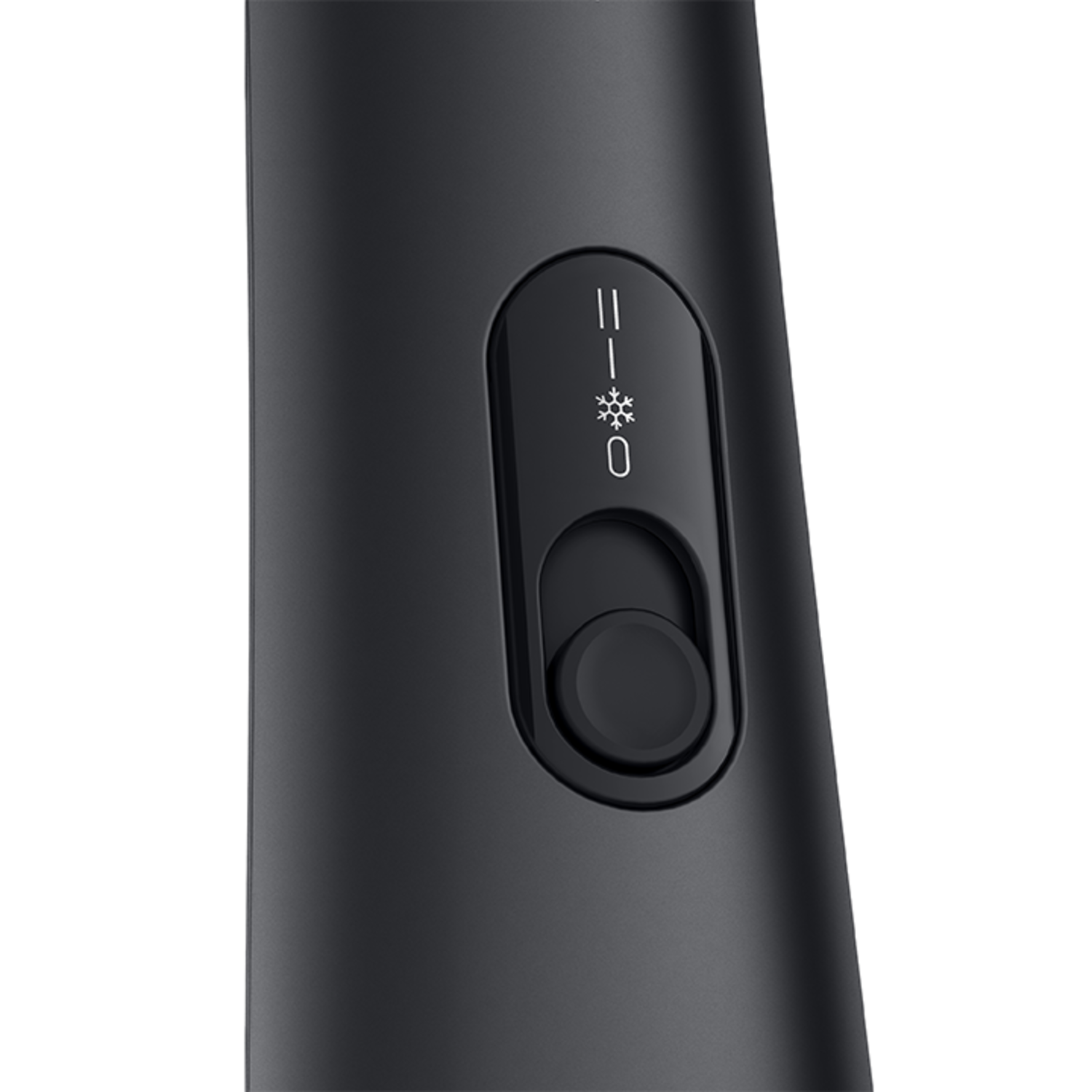 Close-up of a black fan controller with power and snowflake buttons.