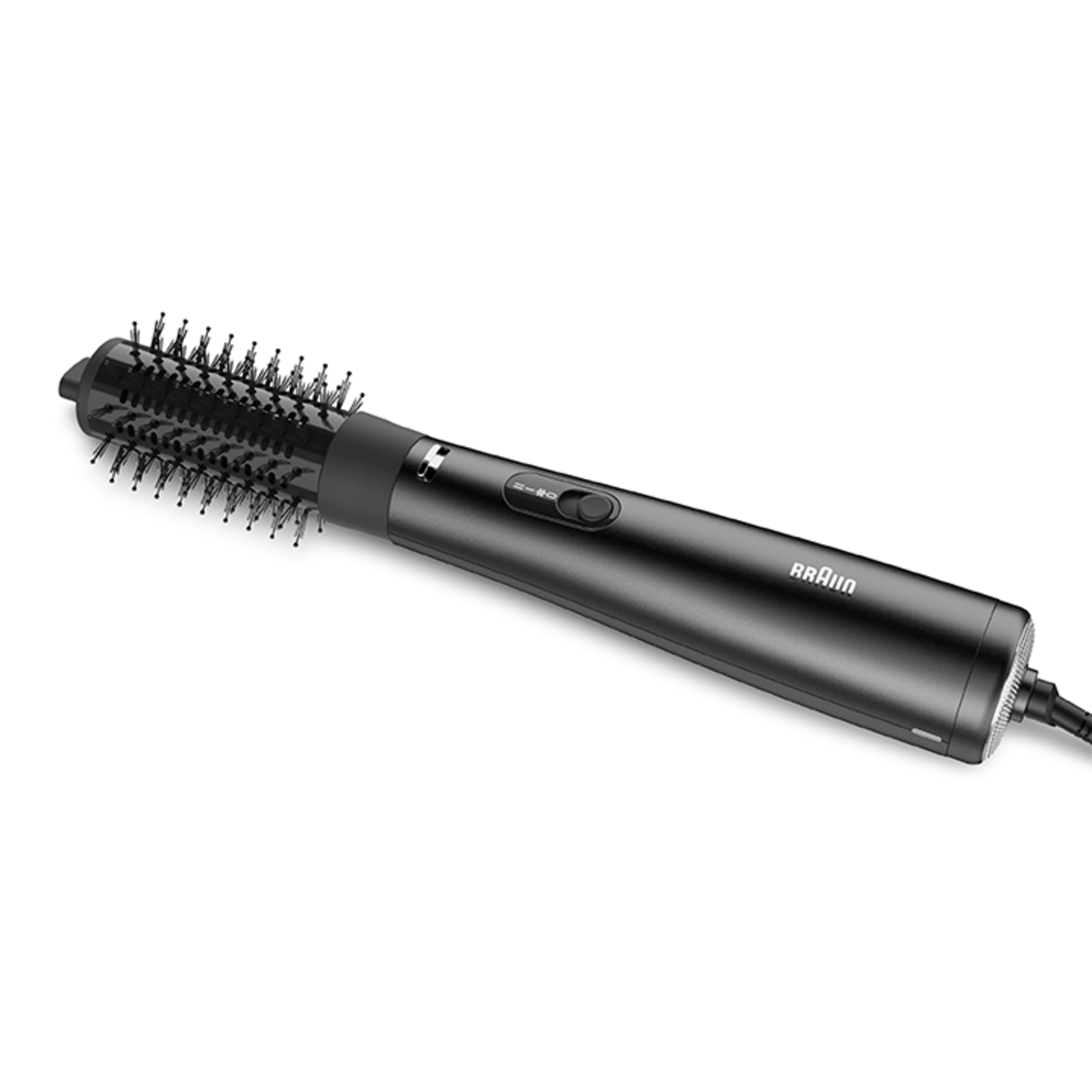 Black Braun hair styler with a rotating brush head. It's on a white background.