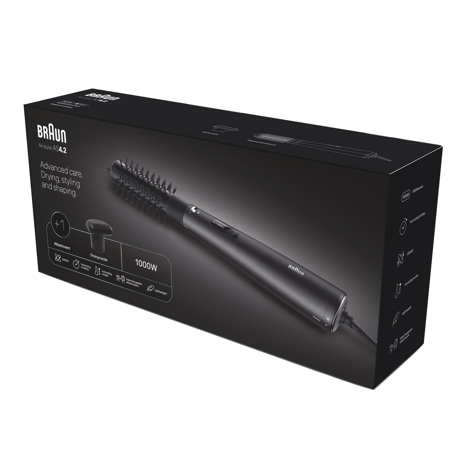 A black Braun hair styler box, showing the styler, attachments, and descriptions.