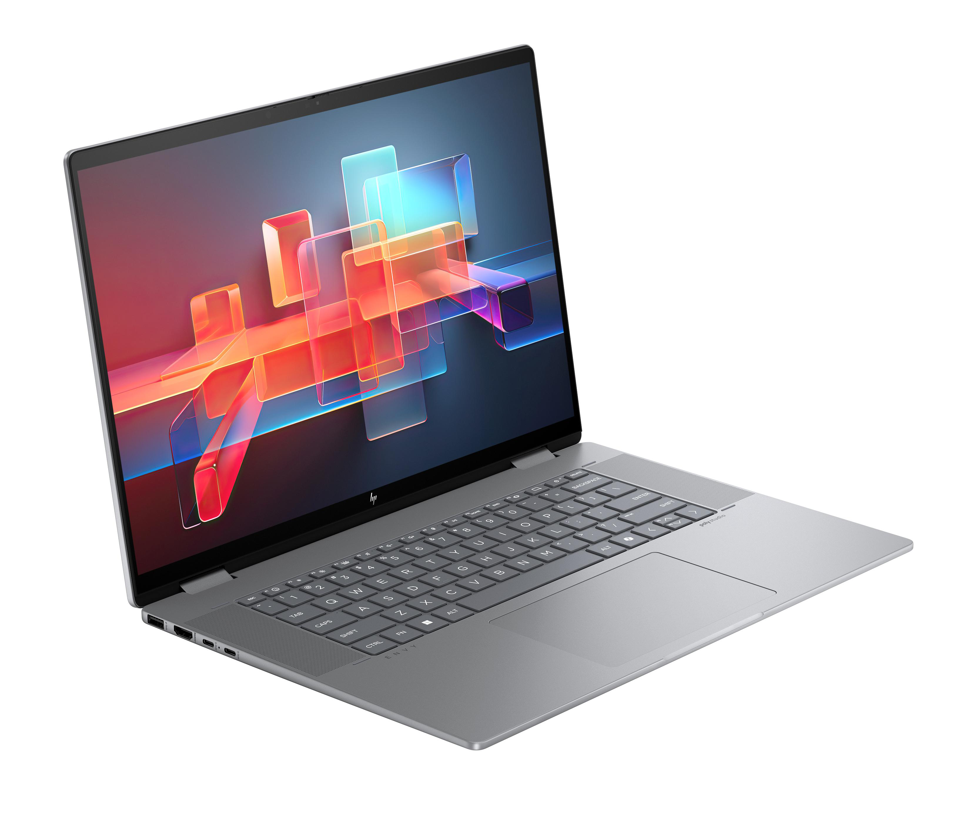 Grauer Laptop mit farbenfrohem Bildschirm auf weißem Hintergrund.