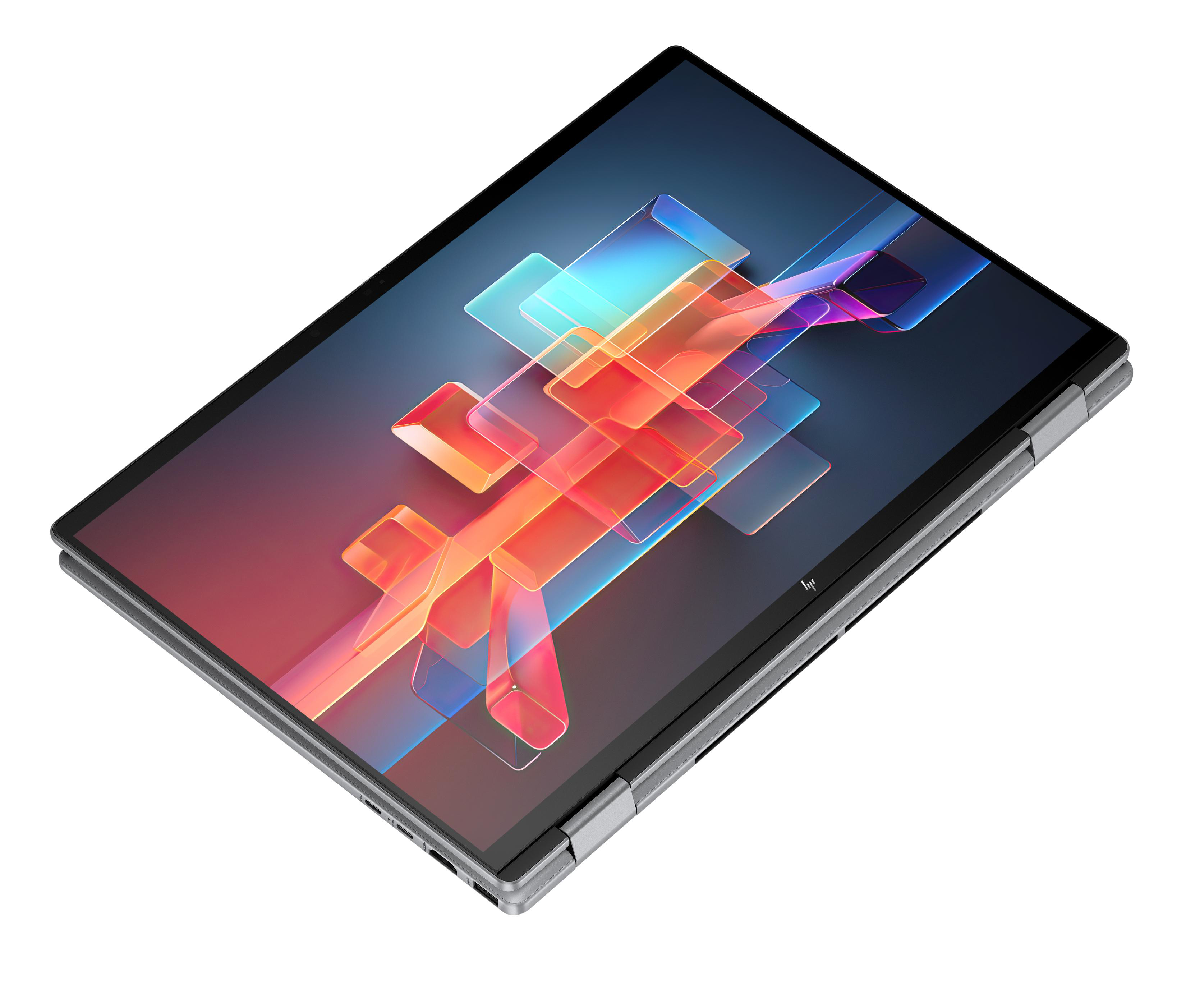 Laptop mit farbenfrohem Bildschirm, abgewinkelt und geöffnet.