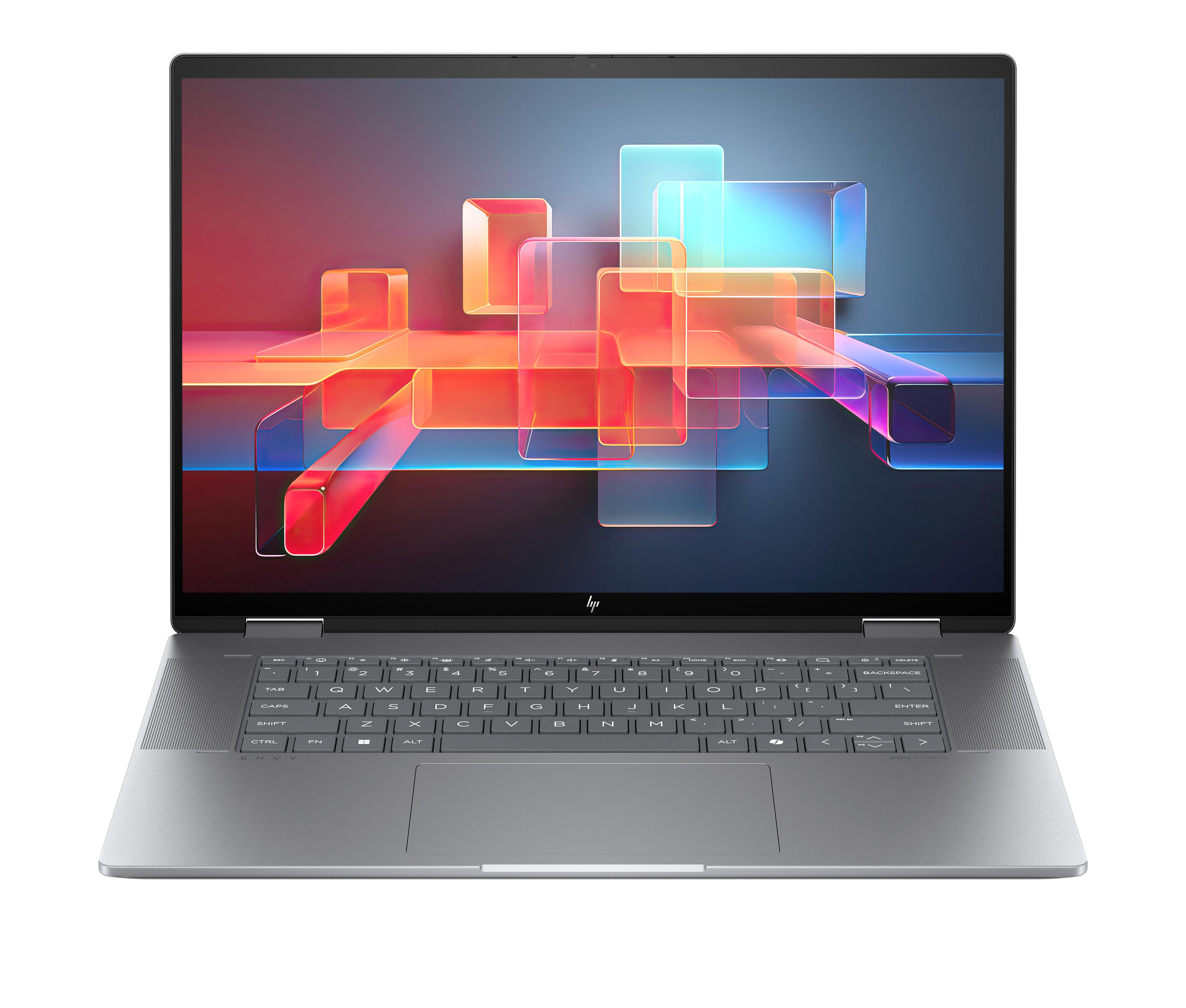 Ein silberner Laptop, der auf weißem Grund geöffnet ist, zeigt ein abstraktes Bild.