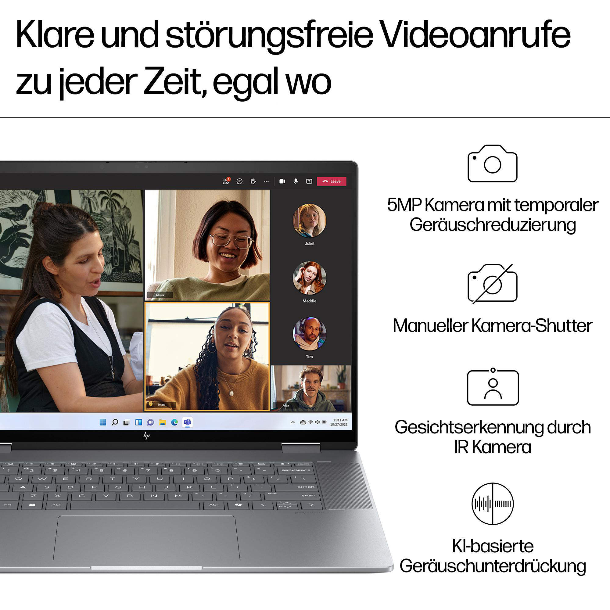 Laptop zeigt Videoanruf, Personen, Laptop auf dem Tisch.