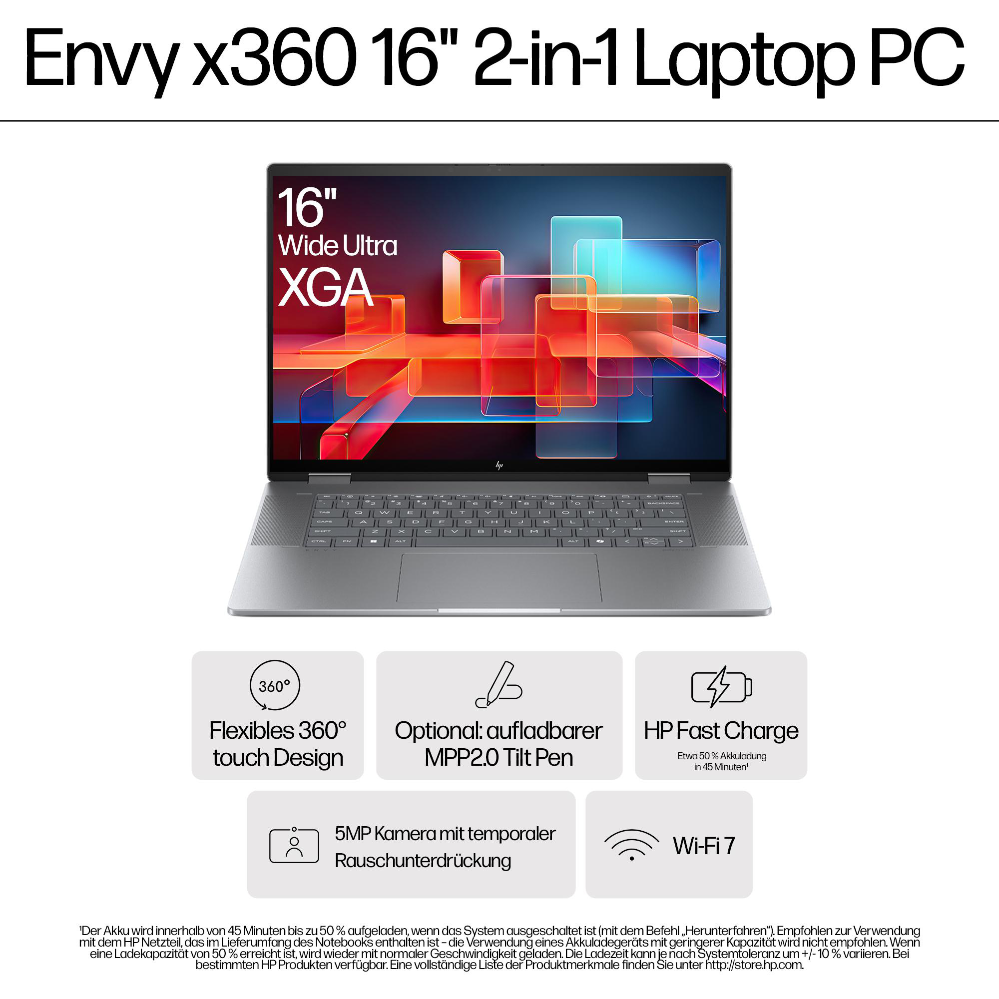 Ein silberner Laptop ist auf einer weißen Oberfläche geöffnet. Der Text oben lautet: Envy x360 16" 2-in-1 Laptop PC. Symbole sind auf dem Bildschirm.