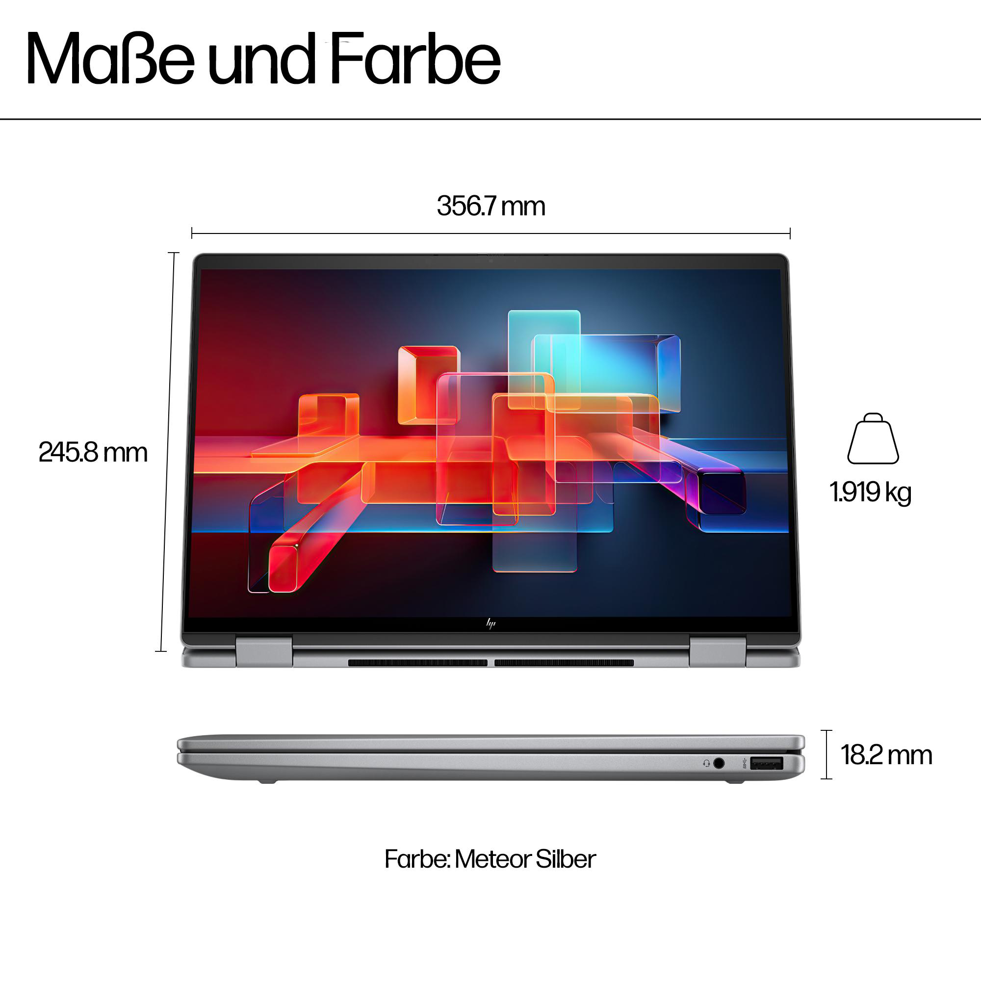 Ein silberner Laptop mit farbenfrohem Bildschirm. Abmessungen und Gewicht werden auf weißem Hintergrund angezeigt.