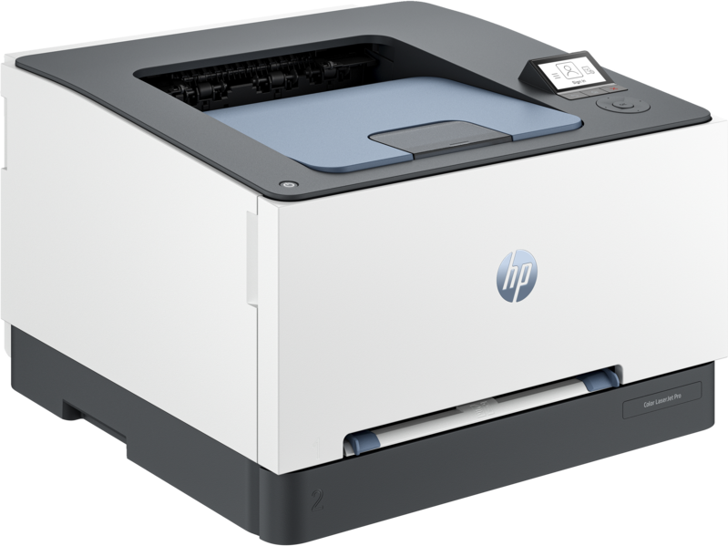 Fehér és szürke színű lézer nyomtató. LCD képernyővel rendelkezik, látható az HP logó.