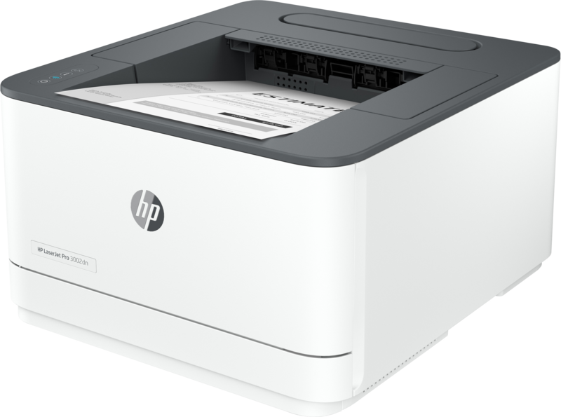 Egy fehér és szürke HP Laser Jet Pro 3002dn nyomtató, a papírtálcában egy dokumentummal.