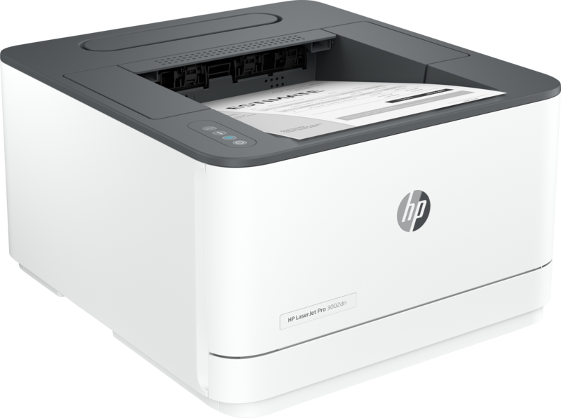 Egy fehér és szürke HP LaserJet Pro nyomtató, benne papírral.