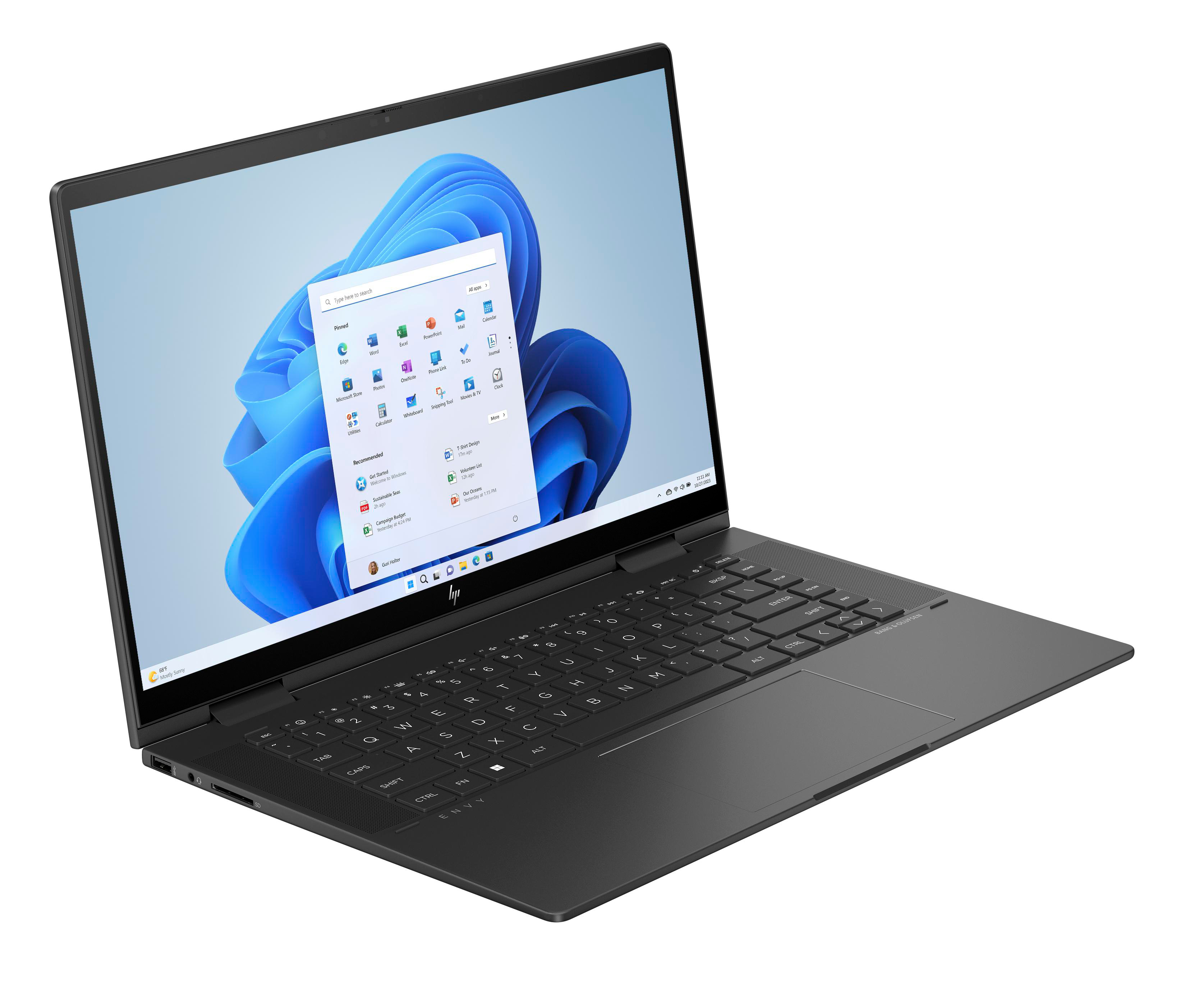 Schwarzer Laptop mit geöffneter Windows 11 Oberfläche, angewinkelt auf weißem Hintergrund.