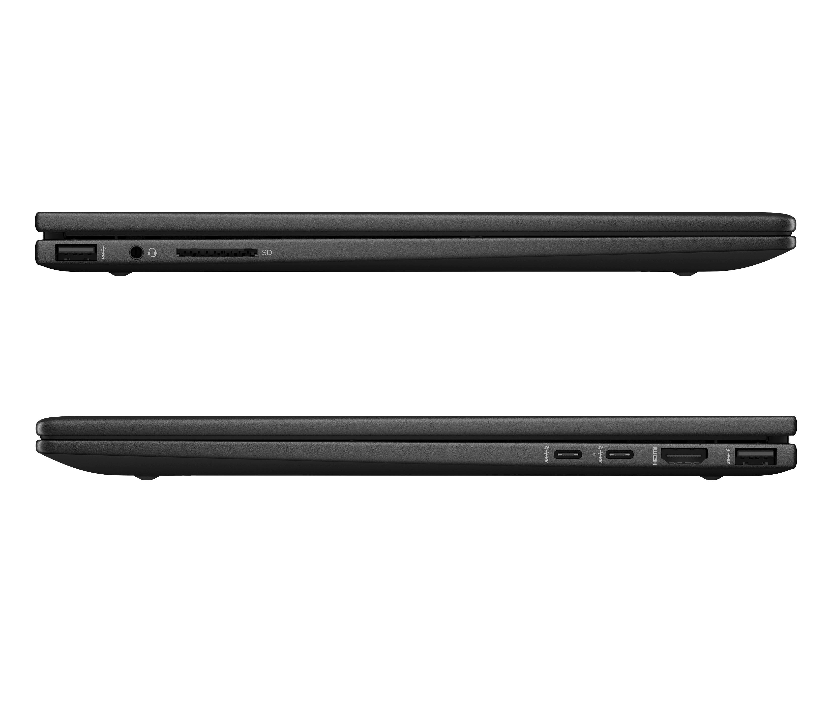 Zwei Seitenansichten eines schwarzen Laptops. Anschlüsse sind auf beiden Seiten sichtbar.