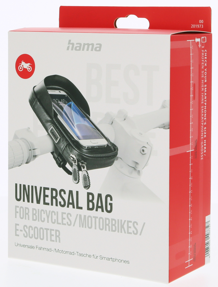 A box for a universal bag for bicycles and motorbikes, with a phone displayed in it.