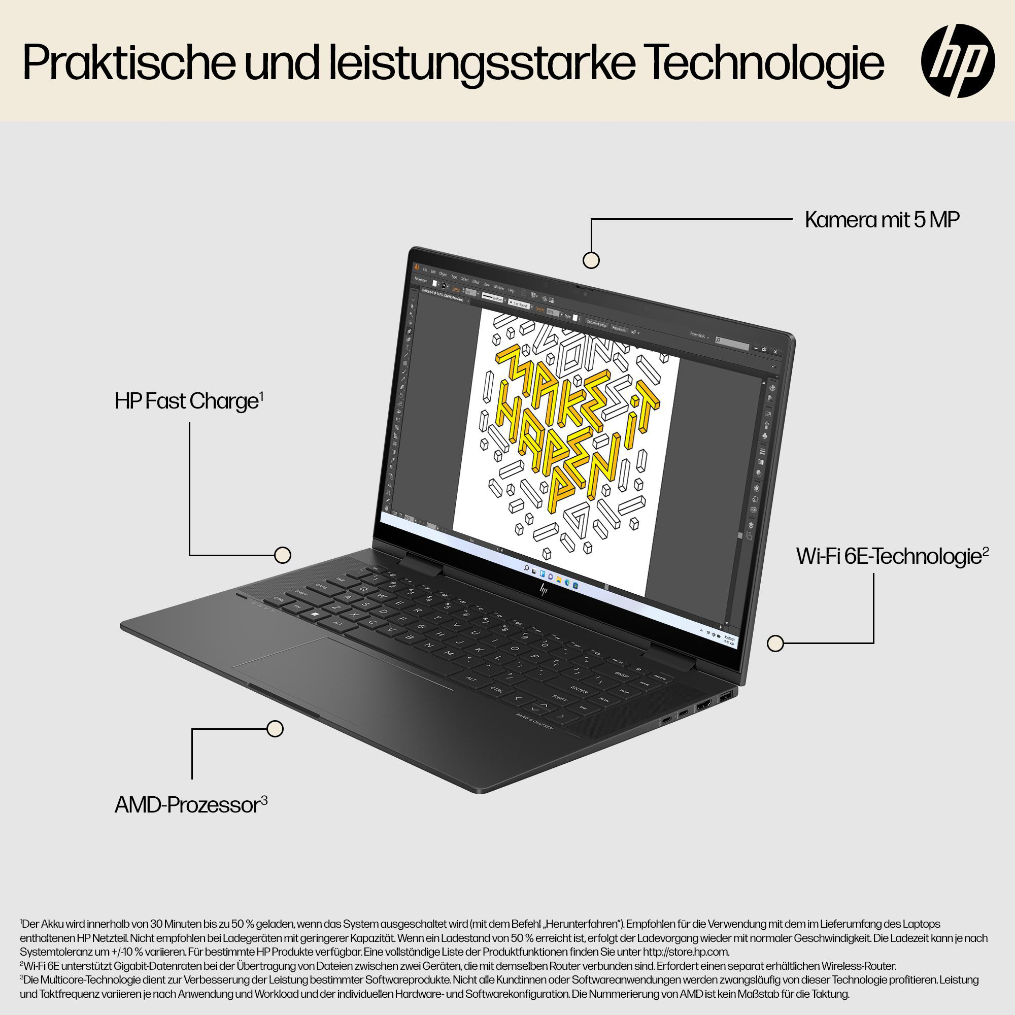 Schwarzer Laptop mit geöffnetem Bildschirm, der ein Design zeigt. Text auf Deutsch, mit Funktionen hervorgehoben.