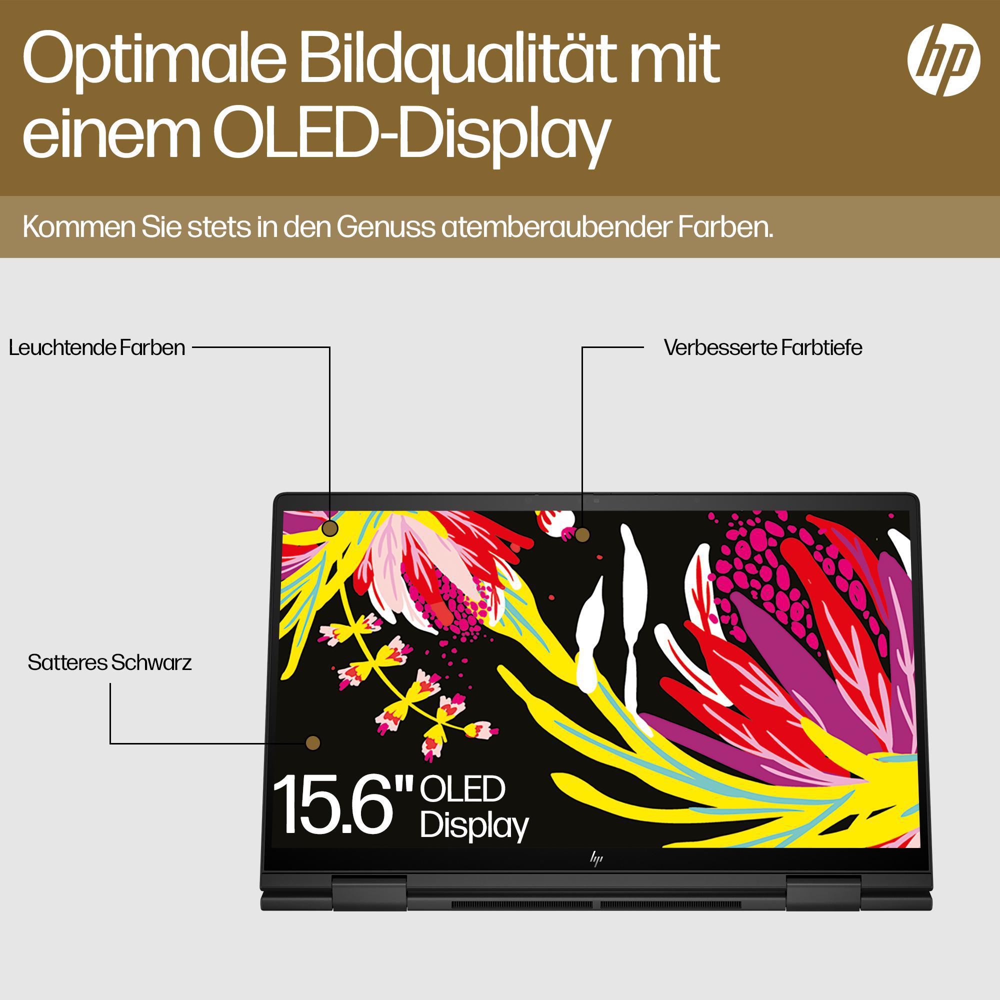 Laptop mit OLED-Display. Der Bildschirm zeigt farbenfrohe, abstrakte Kunst. Text weist auf eine Größe von 15,6 Zoll hin.