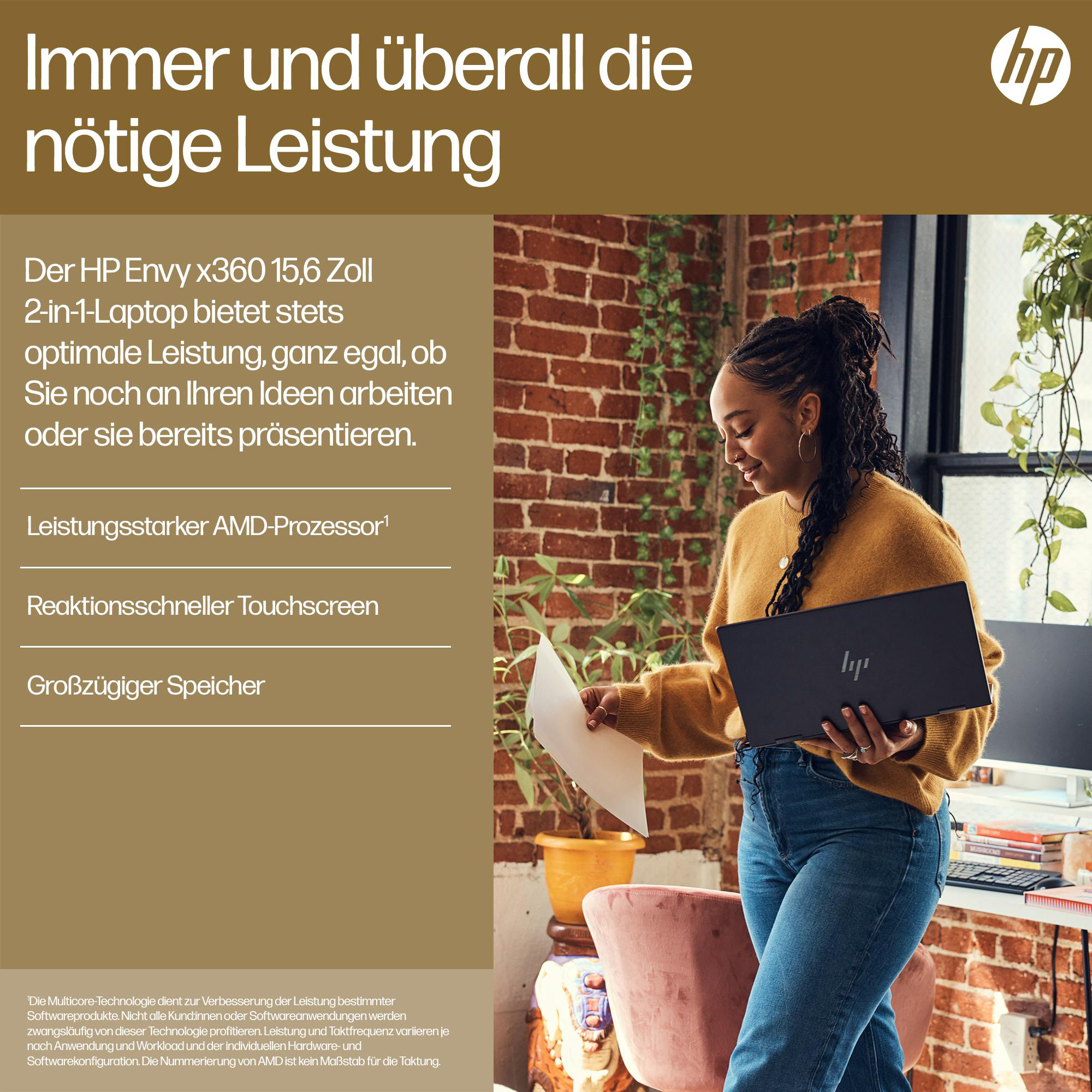 Frau mit Laptop, die auf den Bildschirm schaut. Text: 'Immer und überall die nötige Leistung'.