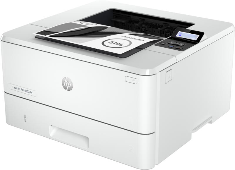Egy fehér HP Laserjet Pro 4002dw nyomtató fehér háttér előtt. Egy diagrammal ellátott papír van benne.