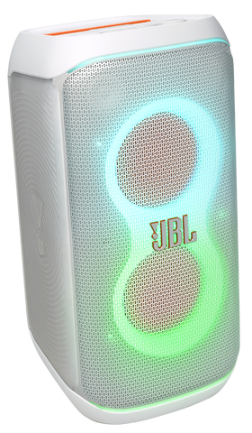 Biały głośnik JBL z kolorowymi światłami wokół głośników.