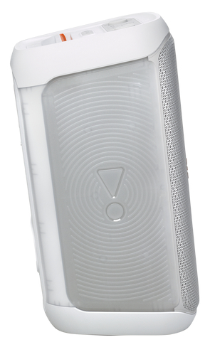 Biało-szary głośnik przenośny z białą podstawą i elementami sterującymi na górze, ustawiony pod kątem.