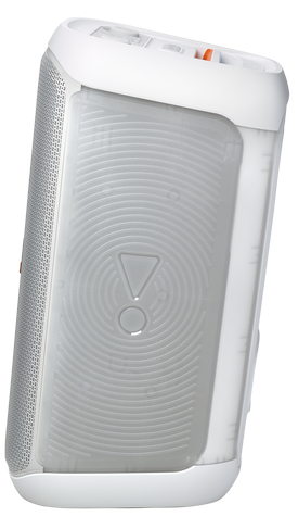 Biały głośnik przenośny z białą kratką i czarnym wykończeniem, na jasnoszarym tle.