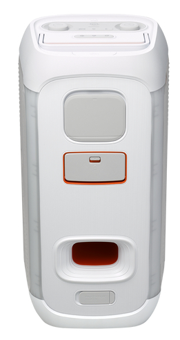 Biały prostokątny głośnik z przyciskami. Ma białą obudowę z szarymi i pomarańczowymi detalami. Przyciski na górze.