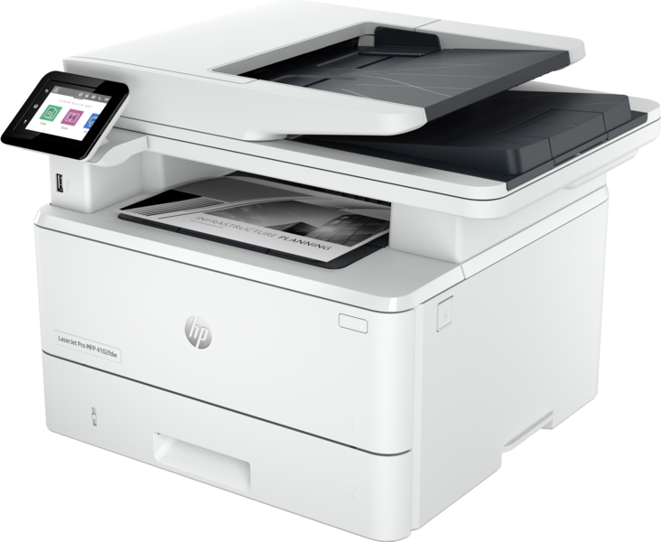 Fehér HP LaserJet Pro MFP 4102dw nyomtató, érintőképernyővel és nyitott felső tálcával.