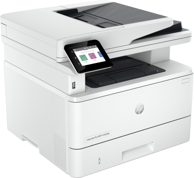 Fehér HP Laserjet Pro nyomtató érintőképernyős vezérlőpanellel, fehér háttéren.