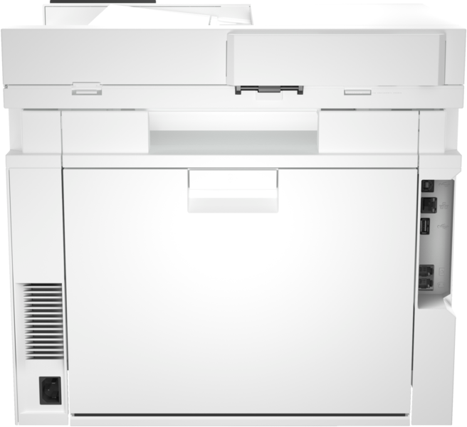Egy fehér nyomtató hátulja.