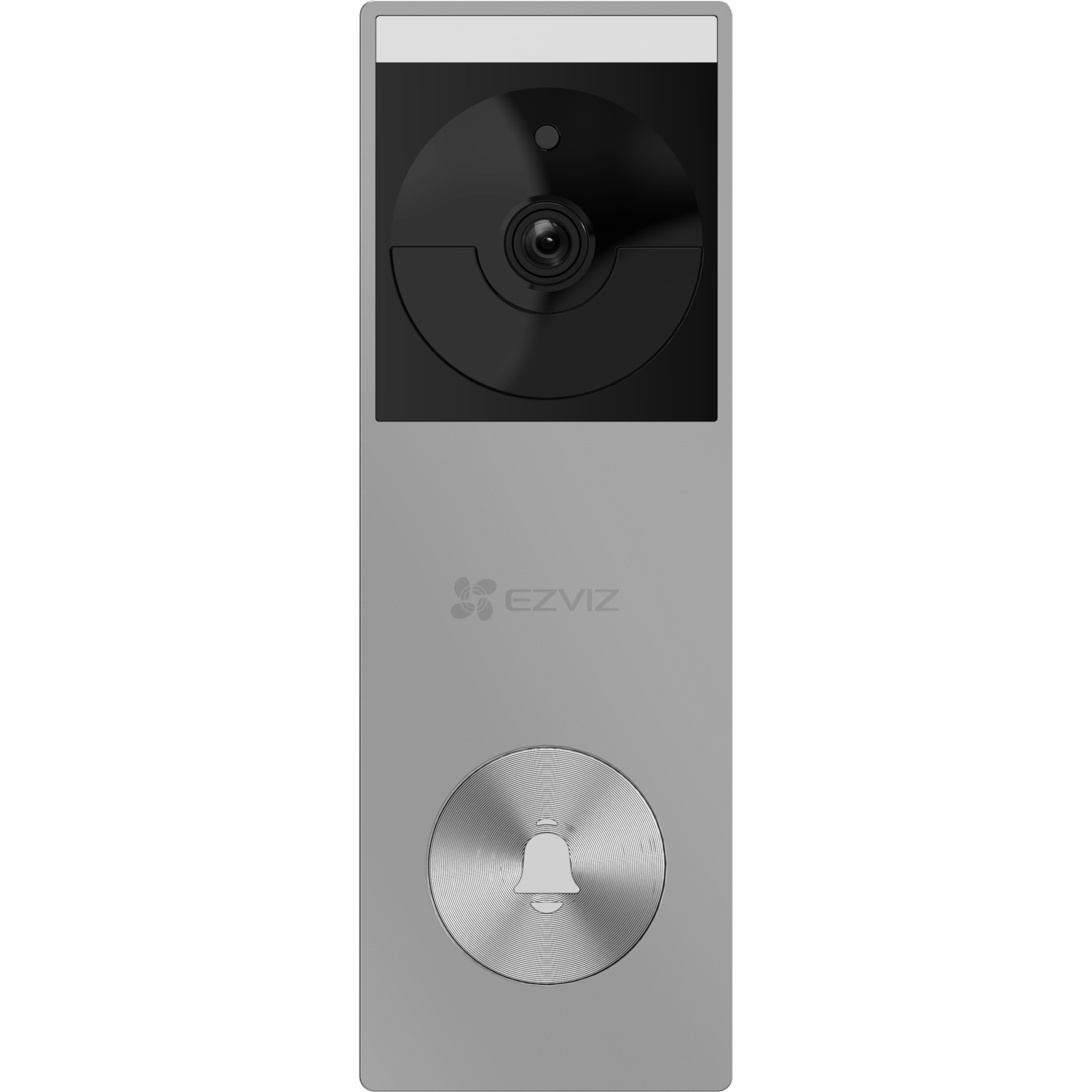 Silver smart doorbell with a camera and a bell button. Black background.
