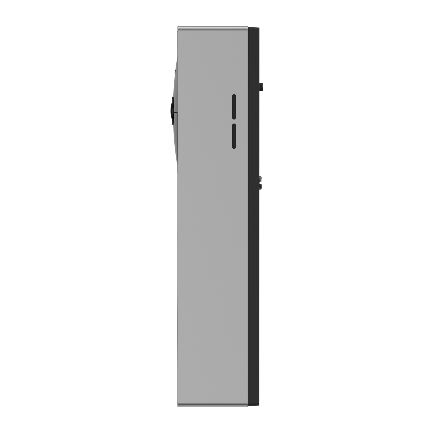 A side view of a silver device with a black side panel and a few buttons. It stands on a black surface.
