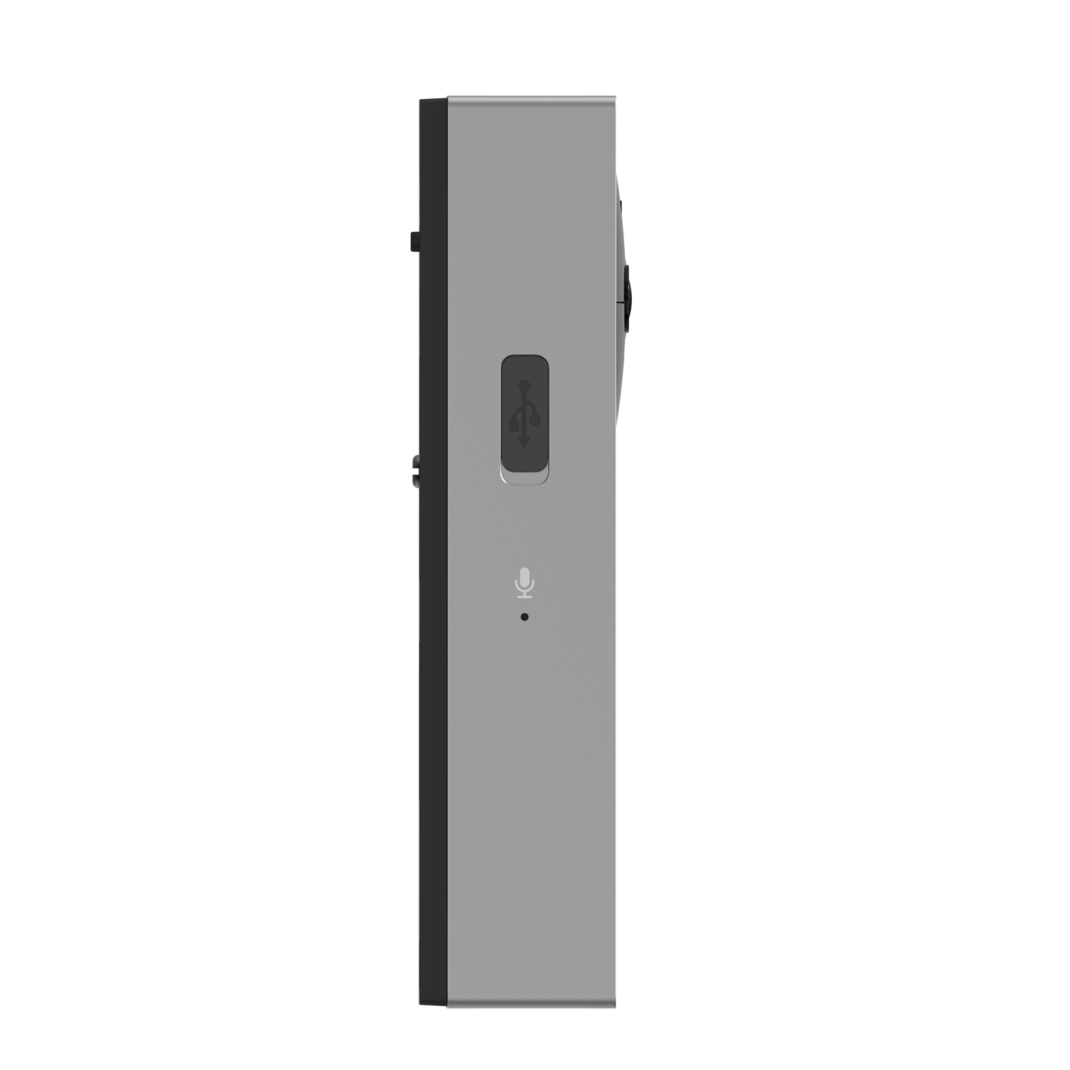 A grey device with a USB port, a microphone icon, and a black background.