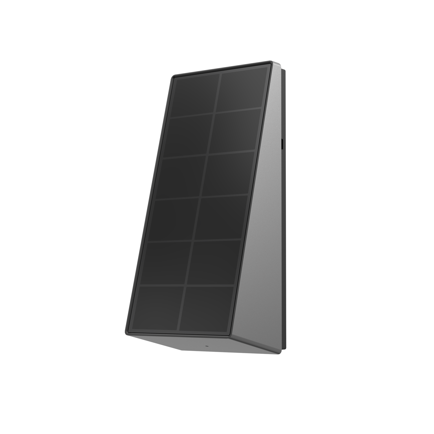 Black solar panel with gray frame, angled against a black background.