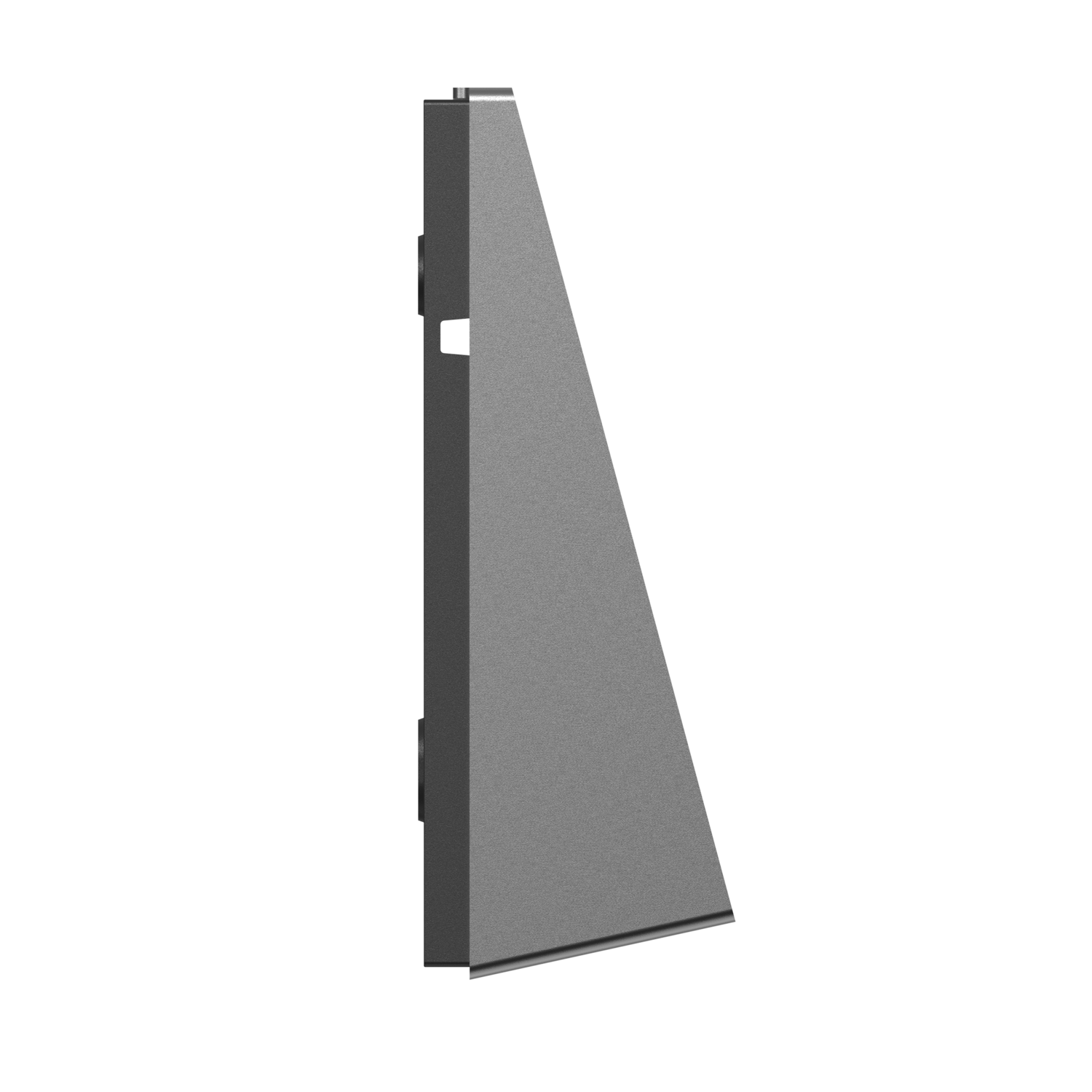 A gray, triangular metal panel, seen from the side, placed against a black background.