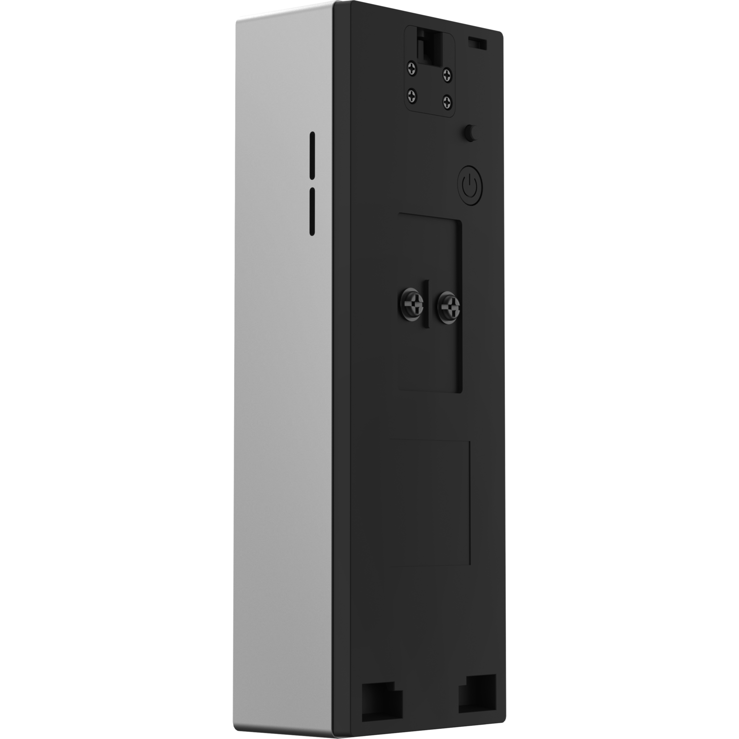 A rectangular, silver and black device with screw holes, a power button, and a back panel.