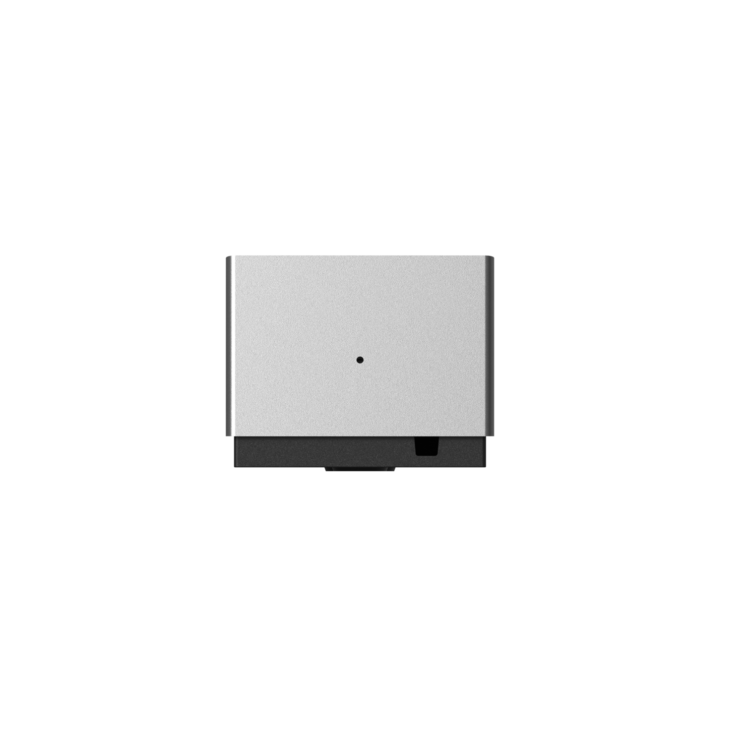 Top view of a silver device on a black background.