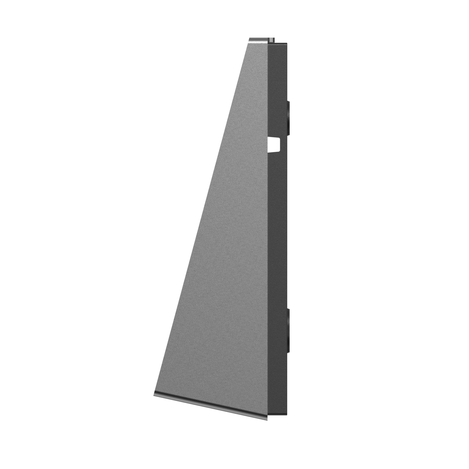 Grey, triangular metal wall detail. Side profile, black background.