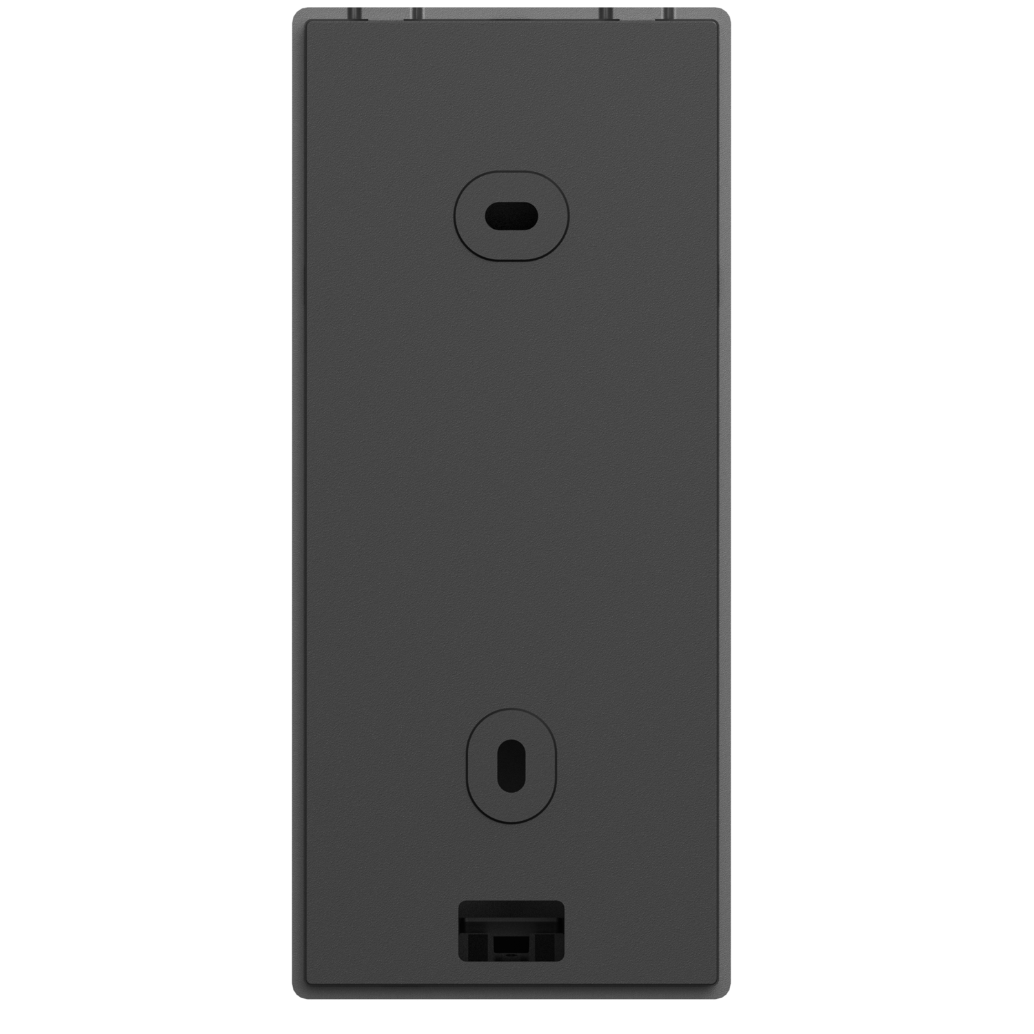 A grey rectangular device with two circular holes and a slot at the bottom.