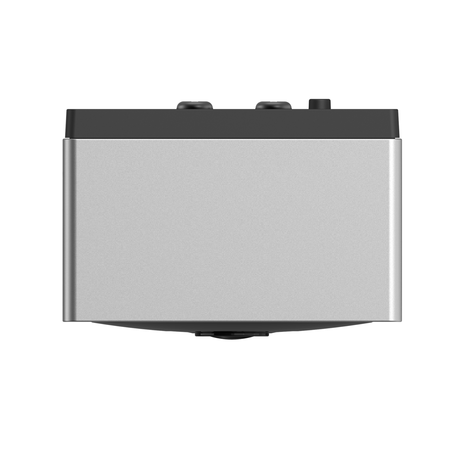 Metallic silver device with two buttons and a black top, black background.