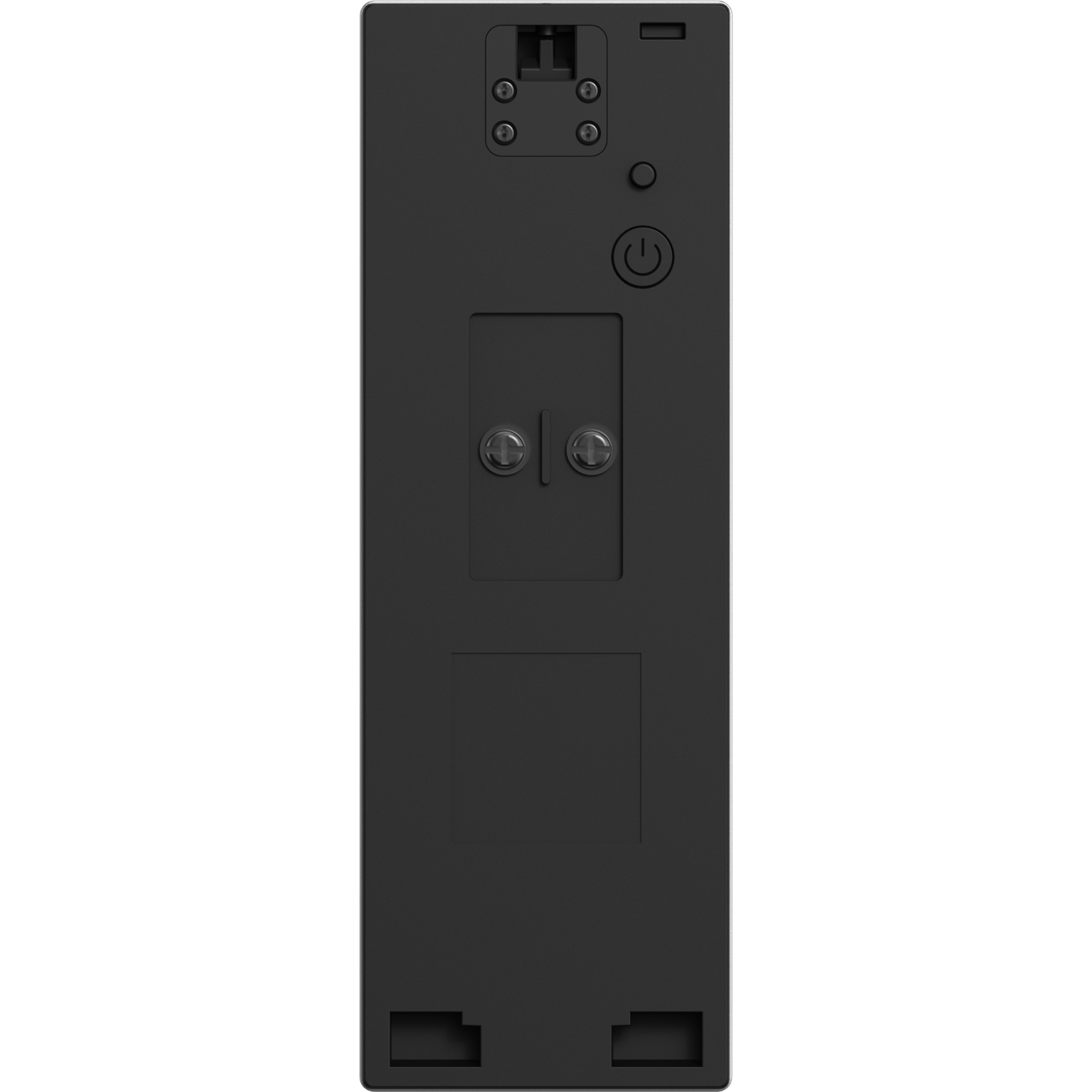 Black rectangular device, likely a smart doorbell. Seen from the back.