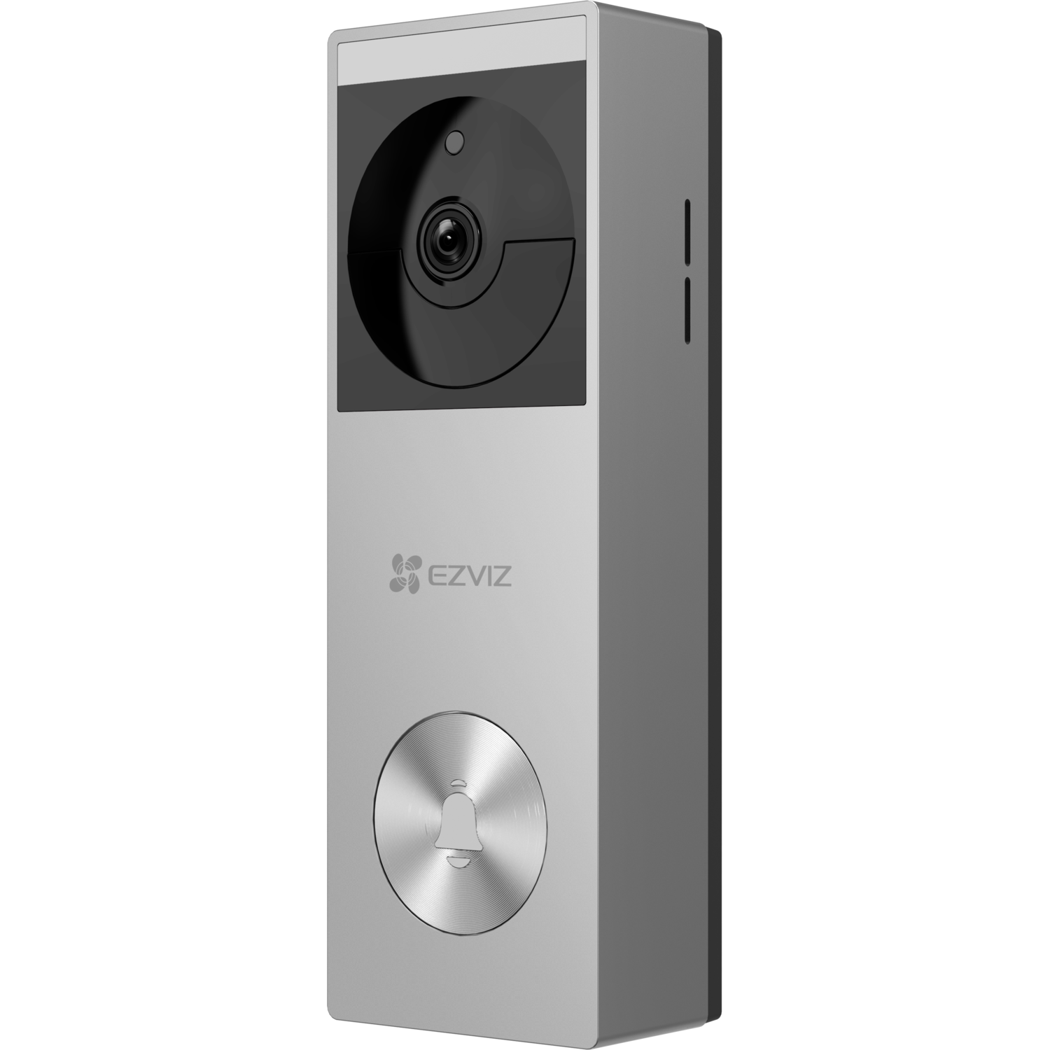 Silver doorbell with a camera and a button, on a black background. EZVIZ logo is visible.