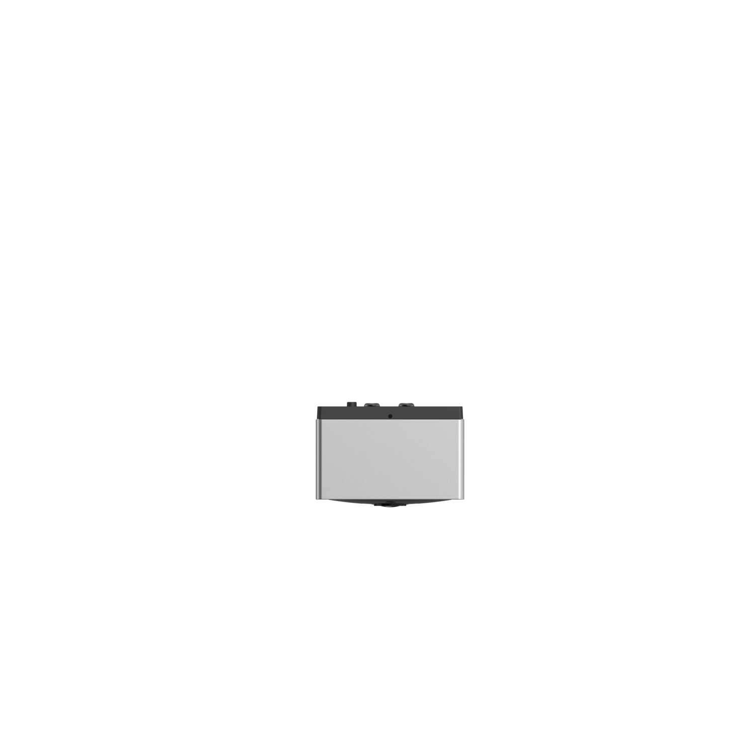 A small, silver, rectangular object against a stark black background. It appears to be a device.