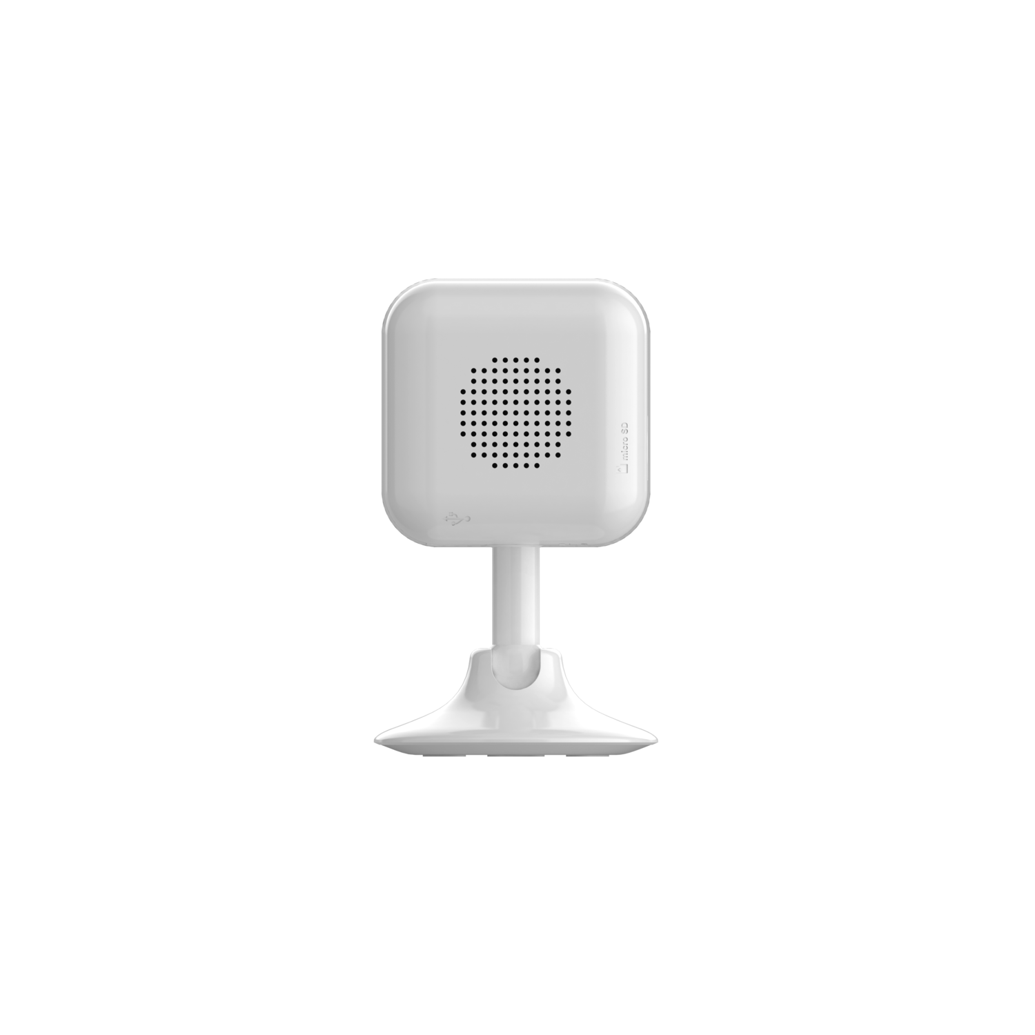 Een witte beveiligingscamera op een standaard, met een luidspreker en een micro-USB-poort.