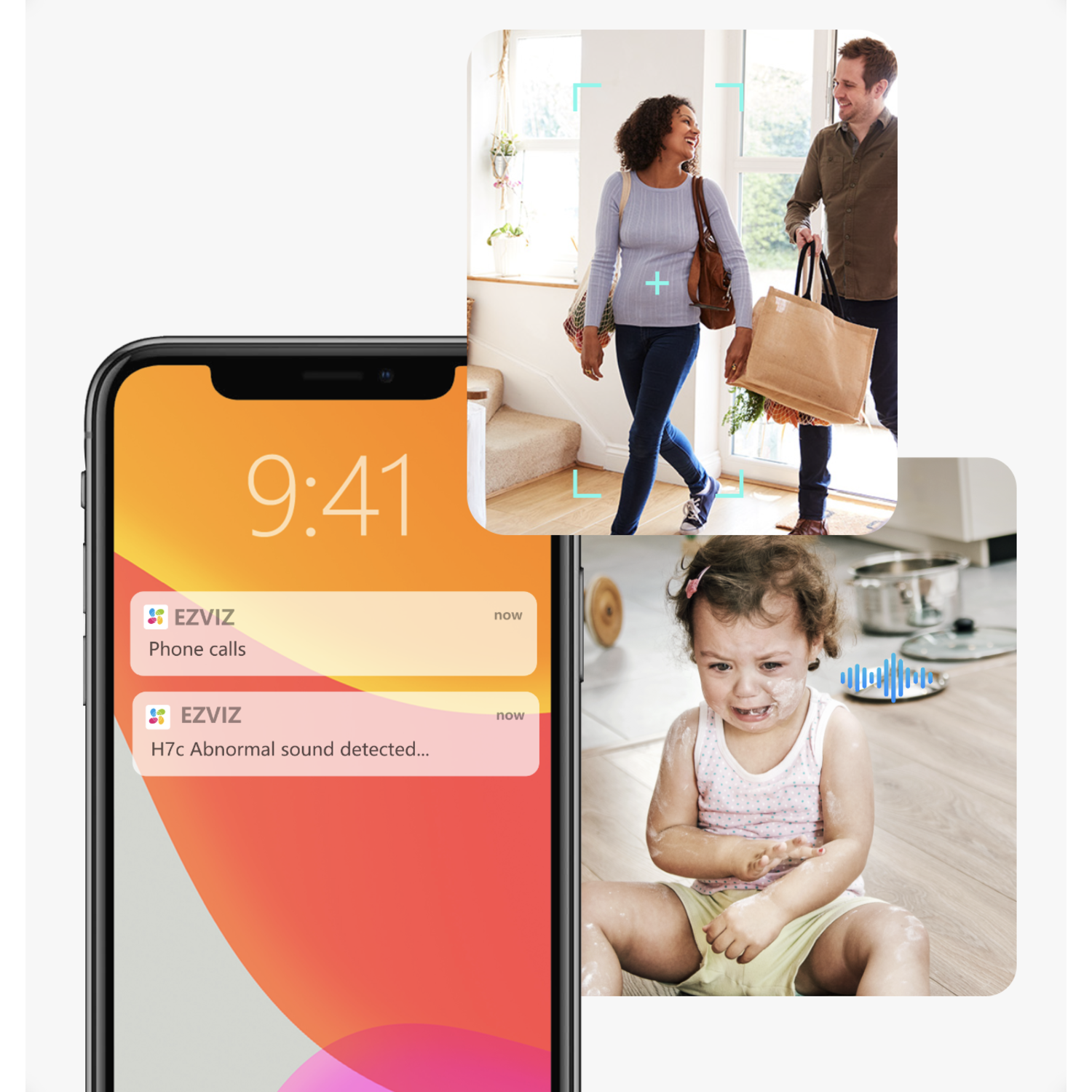 Smartphone toont EZVIZ-meldingen. Een stel komt een huis binnen. Een kind zit op de grond met eten.