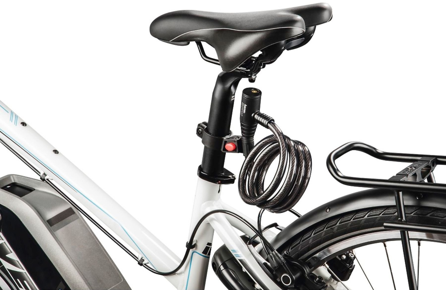 A bicycle's seat, frame, and a black cable lock attached.