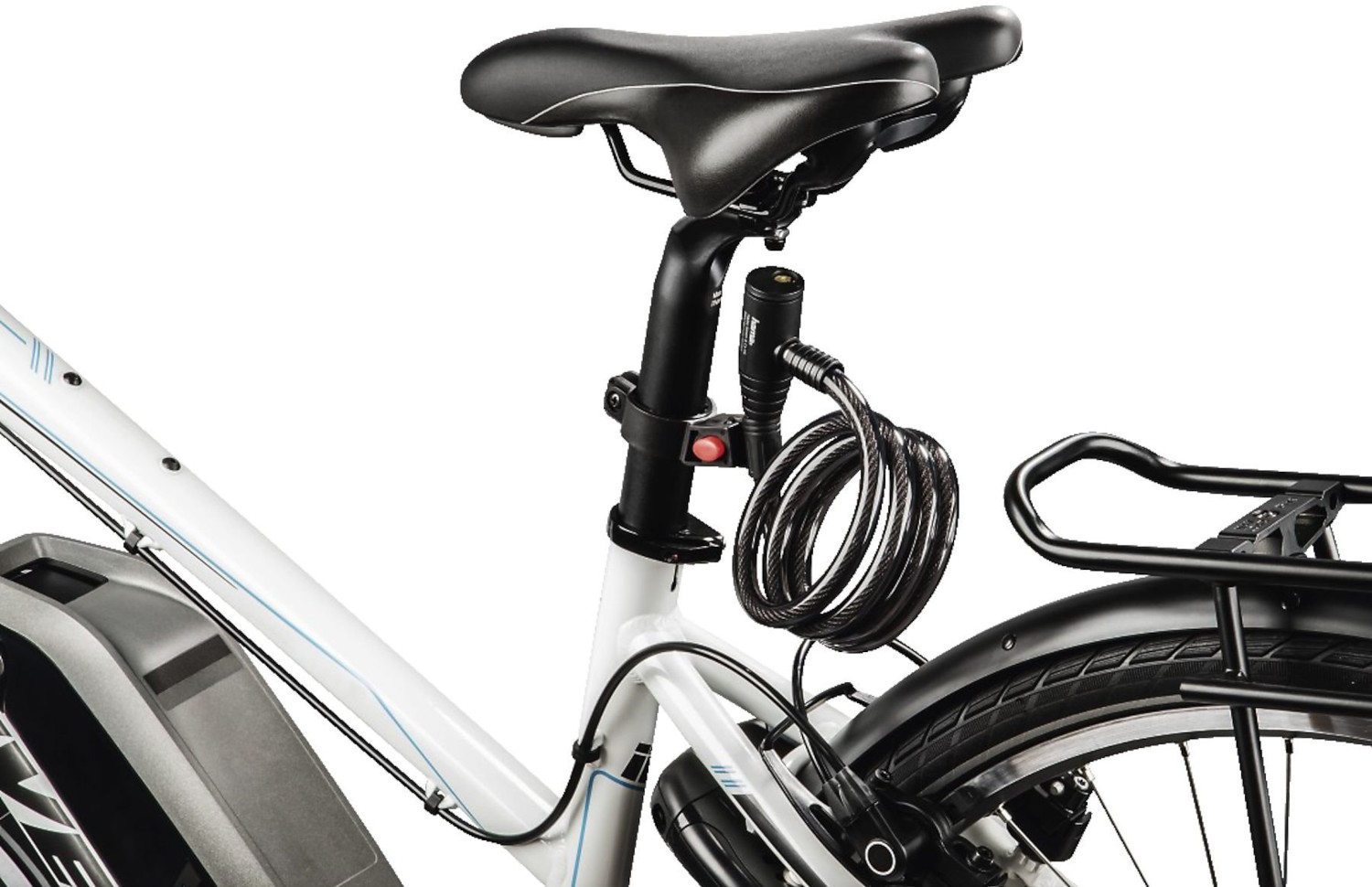 A white bicycle with a black lock attached to the seat post.