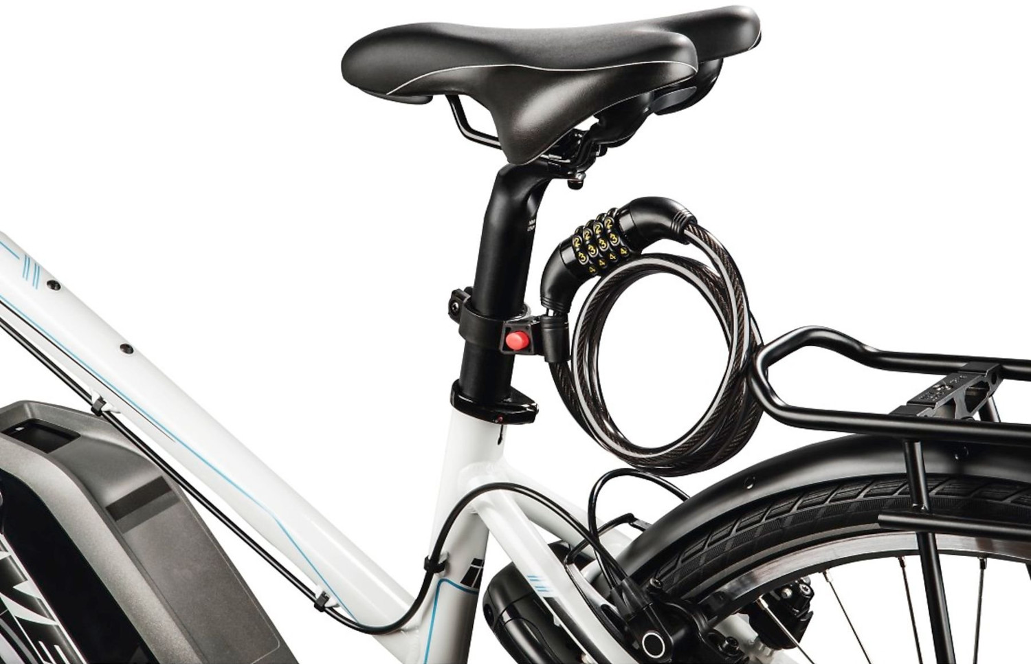 A bicycle seat and frame with a combination lock cable attached to the seat post, white background.